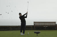 Argentina's Emiliano Grillo plays his shot from the 6th tee during the first round of the British Open Golf Championships at Royal Portrush in Northern Ireland, Thursday, July 18, 2019.(AP Photo/Matt Dunham)