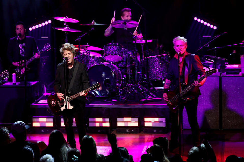 NEW YORK, NEW YORK - JANUARY 18: Billie Joe Armstrong, Tré Cool, and Mike Dirnt of Green Day perform for SiriusXM's Small Stage Series at Irving Plaza on January 18, 2024 in New York City. (Photo by Jamie McCarthy/Getty Images for SiriusXM)