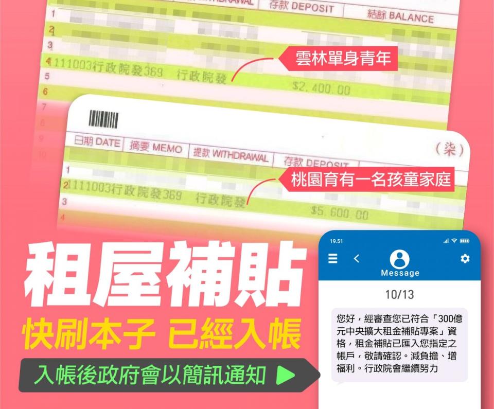 行政院長蘇貞昌3日在臉書發文表示，符合資格的單身青年、育兒家庭等租屋族申請的租金補貼，「今天刷簿子就能看到」。(圖:蘇貞昌臉書)