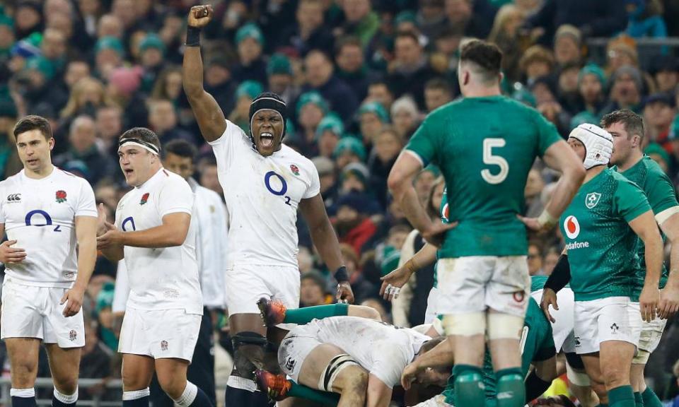 Maro Itoje celebrates during England’s win over Ireland in Dublin on the opening weekend.