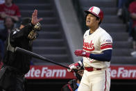 Los Angeles Angels' Shohei Ohtani grimaces after swinging for a strike during the third inning of a baseball game against the Miami Marlins Friday, May 26, 2023, in Anaheim, Calif. (AP Photo/Mark J. Terrill)
