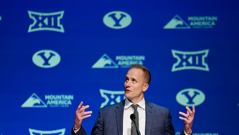 BYU’s new men’s head basketball coach Kevin Young makes a few remarks during an announcement event in the Marriott Center in Provo on Wednesday, April 17, 2024.