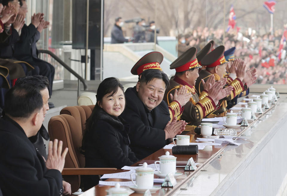 This photo provided by the North Korean government shows North Korean leader Kim Jong Un, center, and his daughter, center left, attend the sports games by the staff of the cabinet and the Ministry of National Defence at an undisclosed location in North Korea, on Feb. 17, 2023. Independent journalists were not given access to cover the event depicted in this image distributed by the North Korean government. The content of this image is as provided and cannot be independently verified.(Korean Central News Agency/Korea News Service via AP)