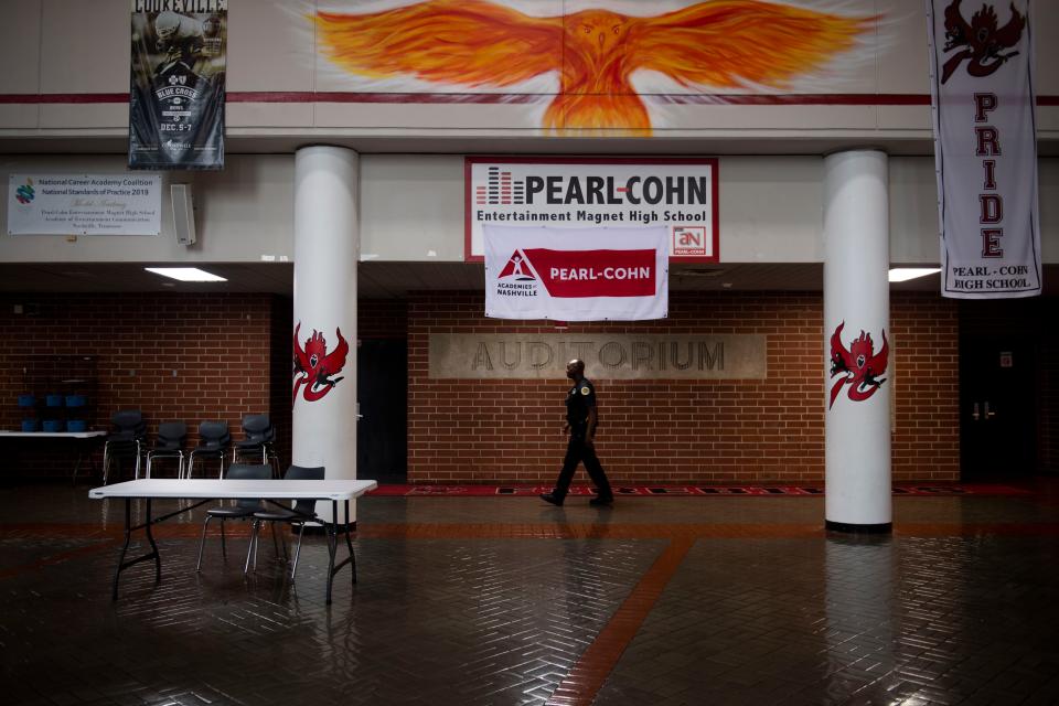 School resource officer Freddirico Pye walks the halls at Pearl-Cohn High School on Friday, May 12, 2023, in Nashville, Tenn.