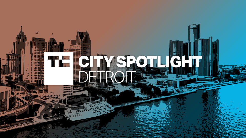 Detroit City Spotlight logo over photo illustration of downtown Detroit