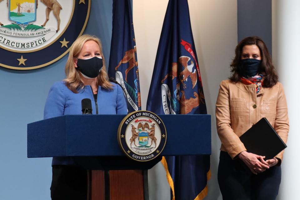 Tina Freese Decker, President & CEO of Spectrum Health, left joined Gov. Gretchen Whitmer for an update on the COVID-19 Pandemic and Response on April 9, 2021.