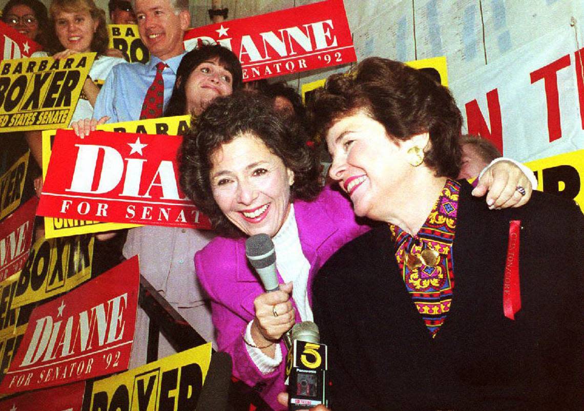 U.S. Senate Democratic candidates Dianne Feinstein (right) and Barbara Boxer at a get-out-the-vote rally on Nov. 2, 1992, a day before Election Day. Feinstein and Boxer, both from northern California, ran against two Republican men from Southern California.