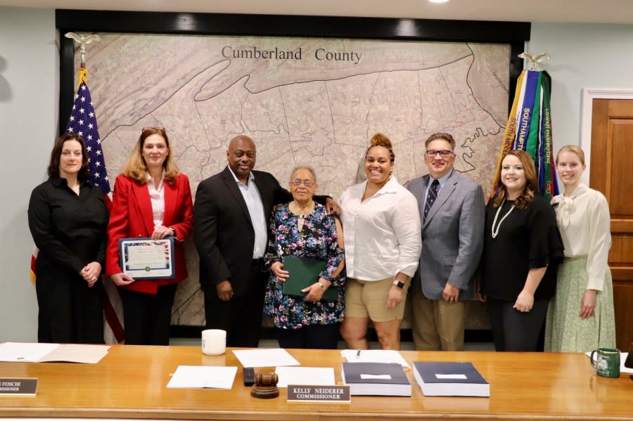 Cumberland County resident Wanda Hunter stands with her children and the Cumberland County Board of Elections at the Pennsylvania Voter Hall of Fame Induction on Tuesday, May 7. (Photo Courtesy Cumberland County)