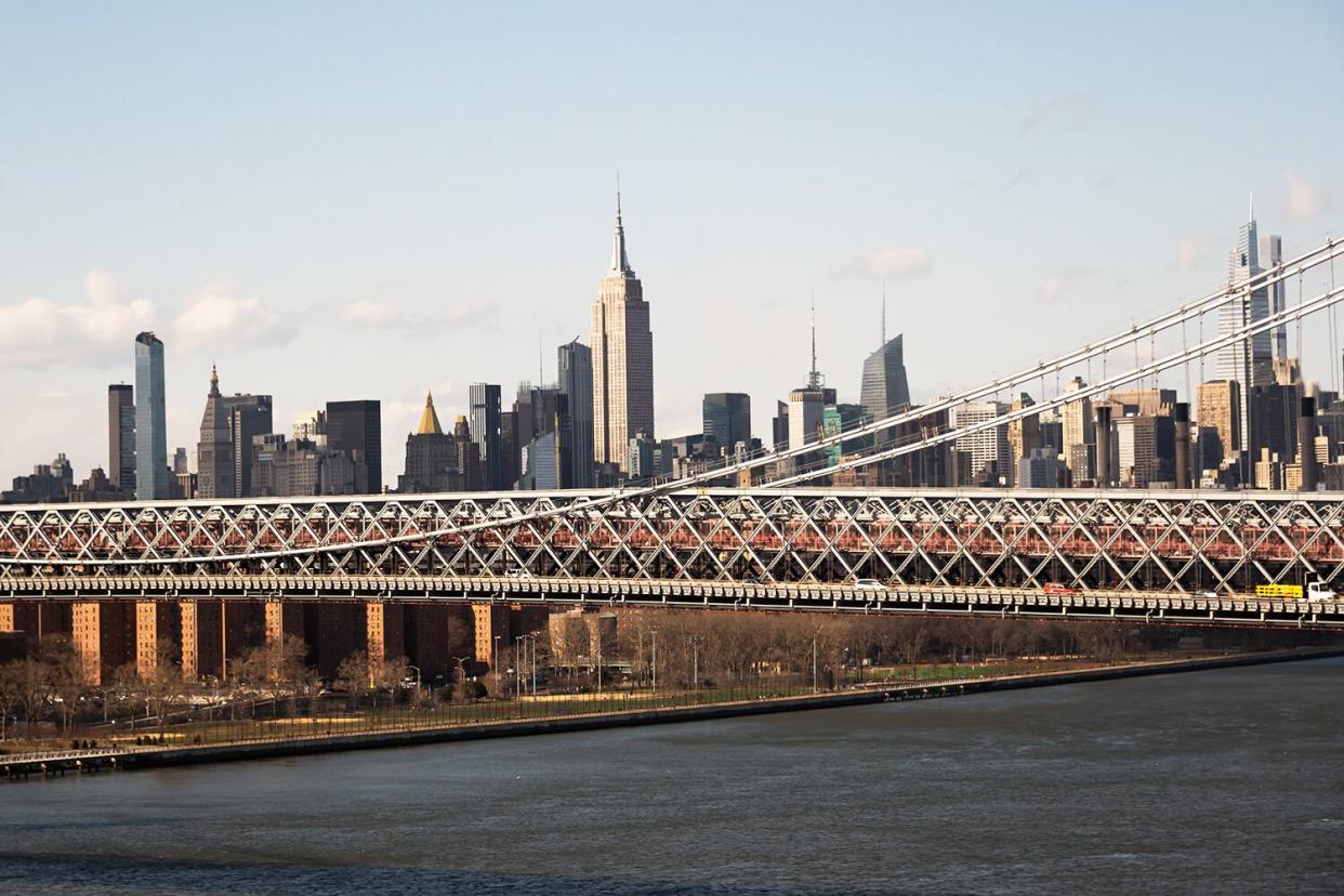 A view of Williamsburg Bridge and Midtown NYC on March 14, 2021 in New York City.