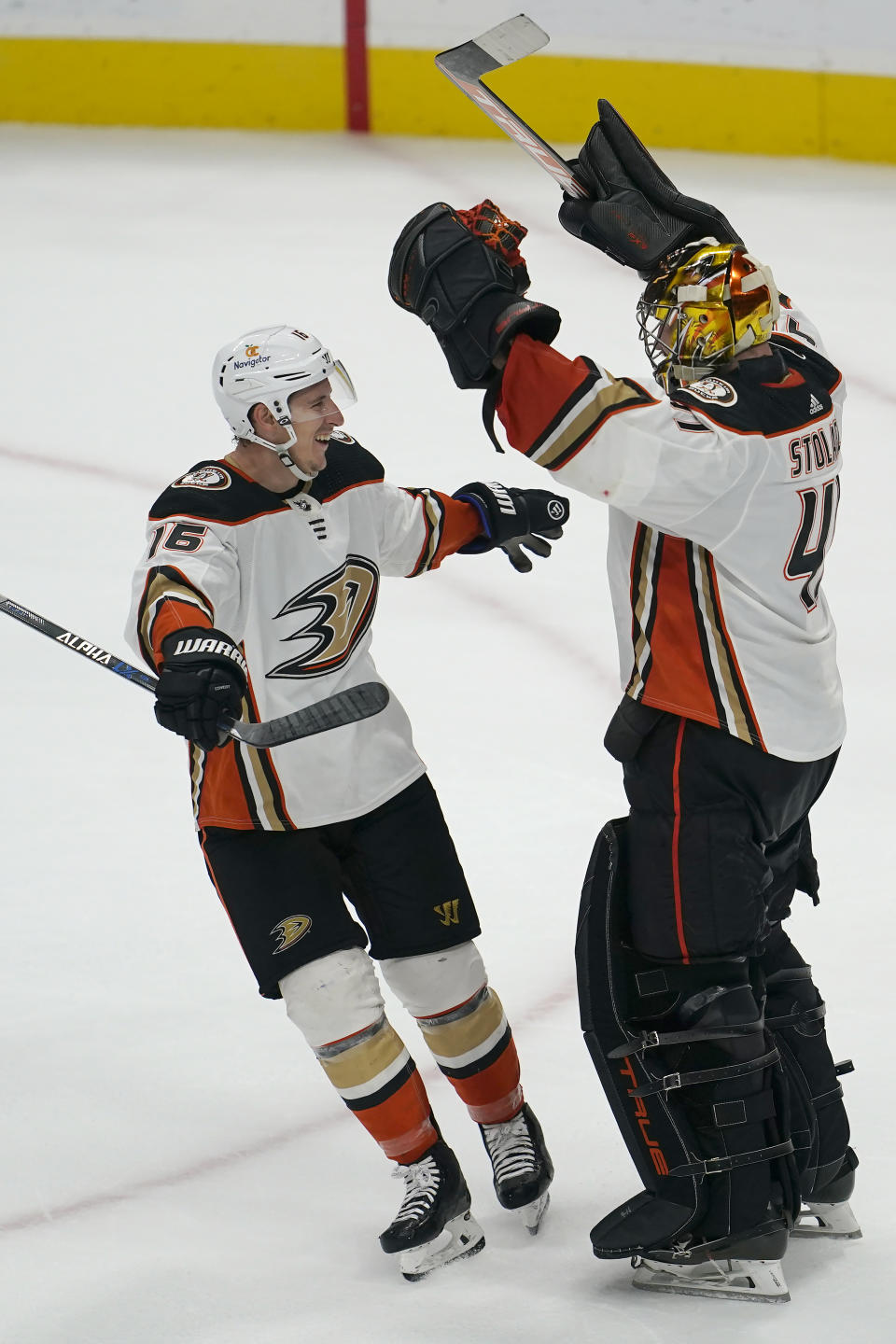 Anaheim Ducks center Ryan Strome, left, celebrates with goaltender Anthony Stolarz after the Ducks defeated the San Jose Sharks in an NHL hockey game in San Jose, Calif., Saturday, Nov. 5, 2022. The Ducks won 5-4 in a shootout. (AP Photo/Jeff Chiu)