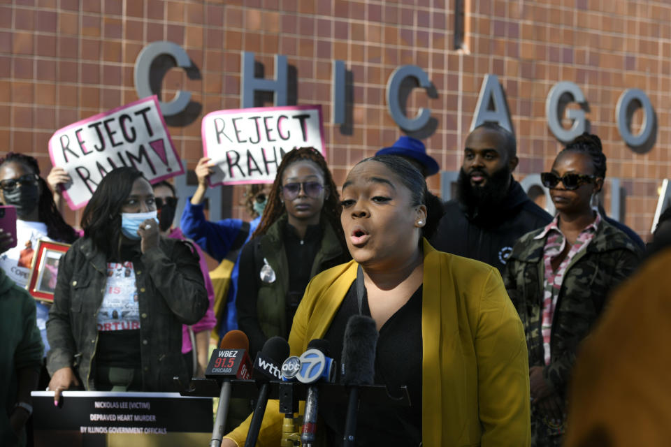 U.S. House Illinois District 7 candidate Kina Collins speaks during a rally to protest former Chicago Mayor Rahm Emanuel's appointment as ambassador to Japan outside the Chicago Police Headquarters Tuesday, Oct. 19, 2021, in Chicago. The fatal police shooting of a Black teen in Chicago seven years ago is looming large over the city’s former mayor, Emanuel, as he looks to win confirmation as President Joe Biden’s ambassador to Japan. (AP Photo/Paul Beaty)