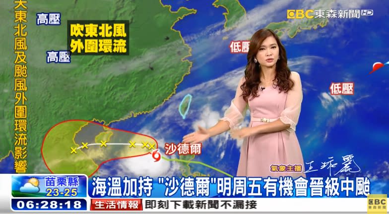 氣象主播王淑麗表示，因為海溫加持，沙德爾最快在明天有機會成為中颱。（圖／東森新聞）