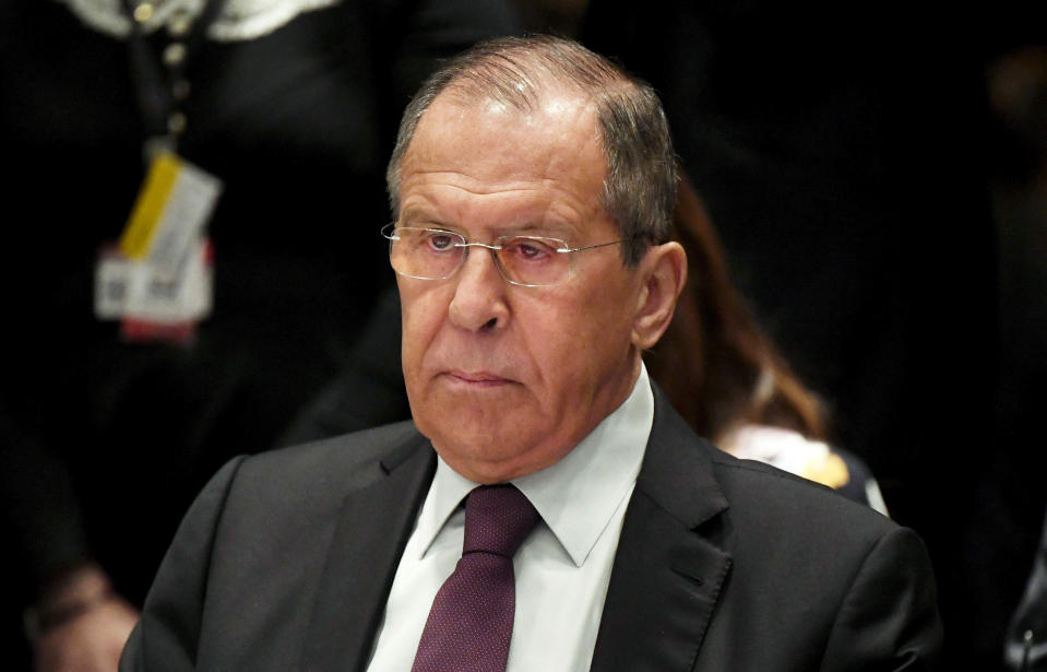 Russia's Minister of Foreign Affairs Sergei Lavrov attends the ministers for foreign affairs of the Council of Europe's annual meeting in Helsinki, Finland, Friday May 17, 2019. (Vesa Moilanen/Lehtikuva via AP)