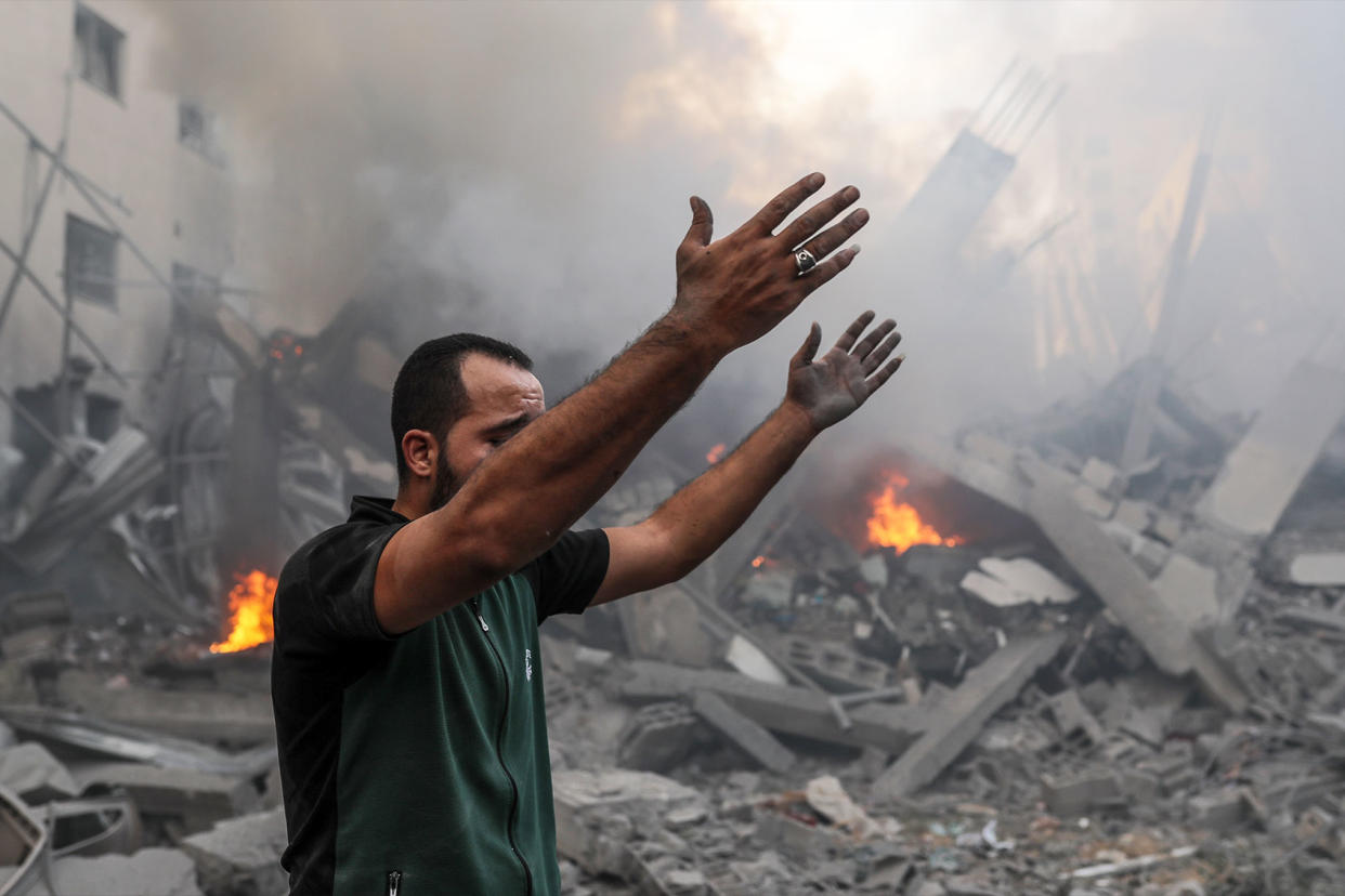 A man wails after Israeli airstrikes in Gaza City, Gaza on October 09, 2023. Search and rescue works continue. Belal Khaled/Anadolu Agency via Getty Images