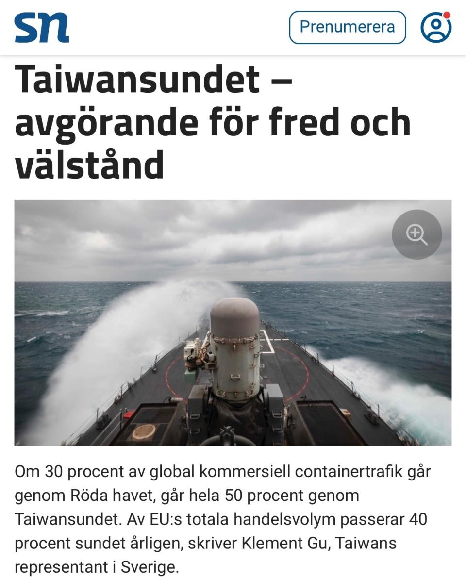 駐瑞典代表處谷大使投書瑞典知名報社「南曼蘭新聞」（Södermanlands Nyheter）並於今（113）年2月9日以「台灣海峽-對和平及繁榮至關重要」（Taiwansundet – avgörande för fred och välstånd）為題全文獲刊