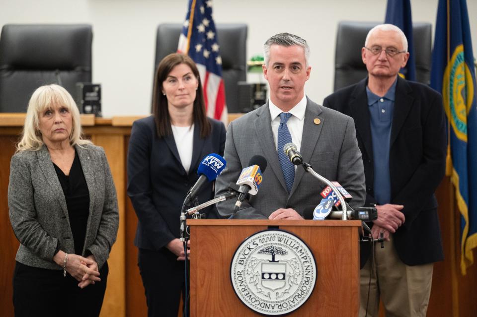 Commissioner Vice Chairman Bob Harvie (center) with Commissioner Chair Diane Ellis-Marseglia (left), Bucks County Solicitor Amy Fitzpatrick and Commissioner Gene DiGirolamo announcing climate change denial lawsuit against major oil companes Monday, March 25, 2024,