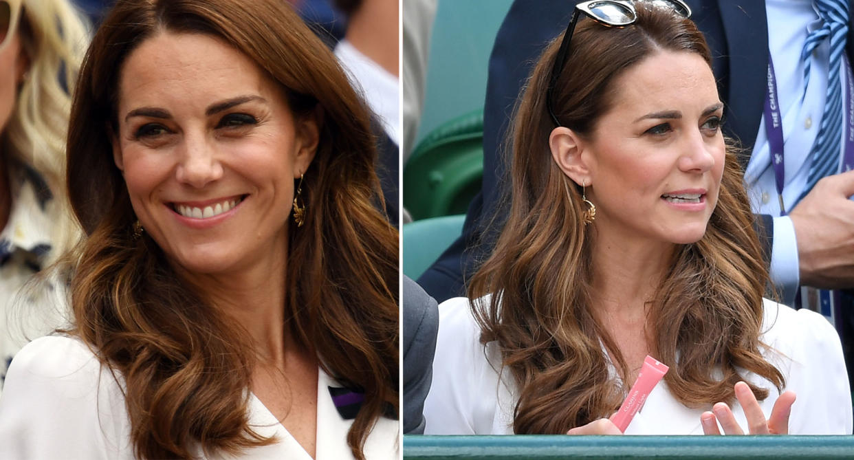 Kate was spotted using a Clarins' lip balm at Wimbledon on Tuesday. [Photo: Getty]