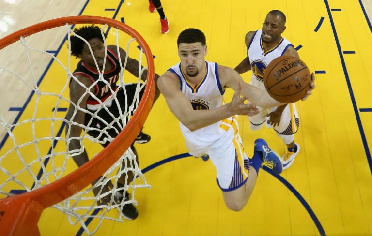 Golden State Warriors' Klay Thompson had an off night, missing 13 of 20 shots, but came good when it mattered with five three pointers to finish with 27 points