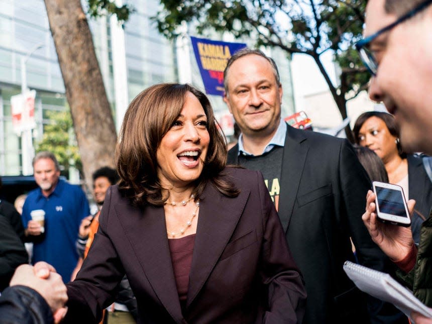 Kamala Harris with Doug Emhoff outside the California Democratic Party State Organizing Convention.