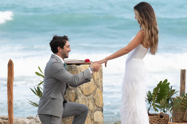 <p>John Fleenor/Disney</p> Joey Graziadei proposes to Kelsey Anderson on 'The Bachelor' season 28 finale