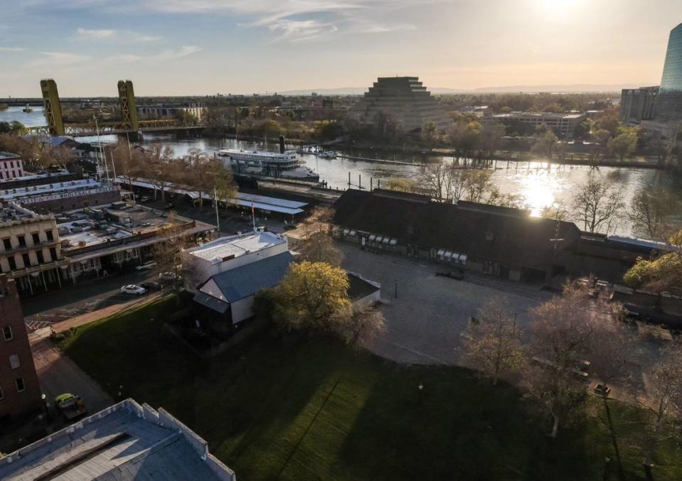 A view of the Old Sacramento waterfront is captured with a drone earlier this month. A new hotel with a viewing deck is among plans proposed by the state and city aimed at increasing visitors.