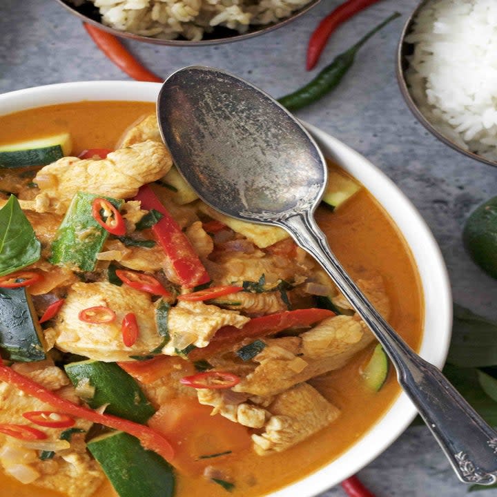 Red curry chicken with vegetables.