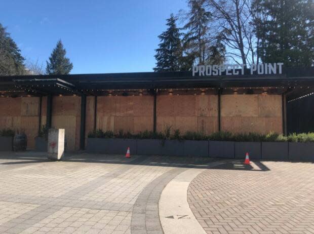 A boarded up Prospect Point Bar and Grill. Its lawyer says the park board decision to limit cars on Stanley Park Drive to one lane only is 'idealogical,' has no practical benefit and is causing 'devasting losses.'