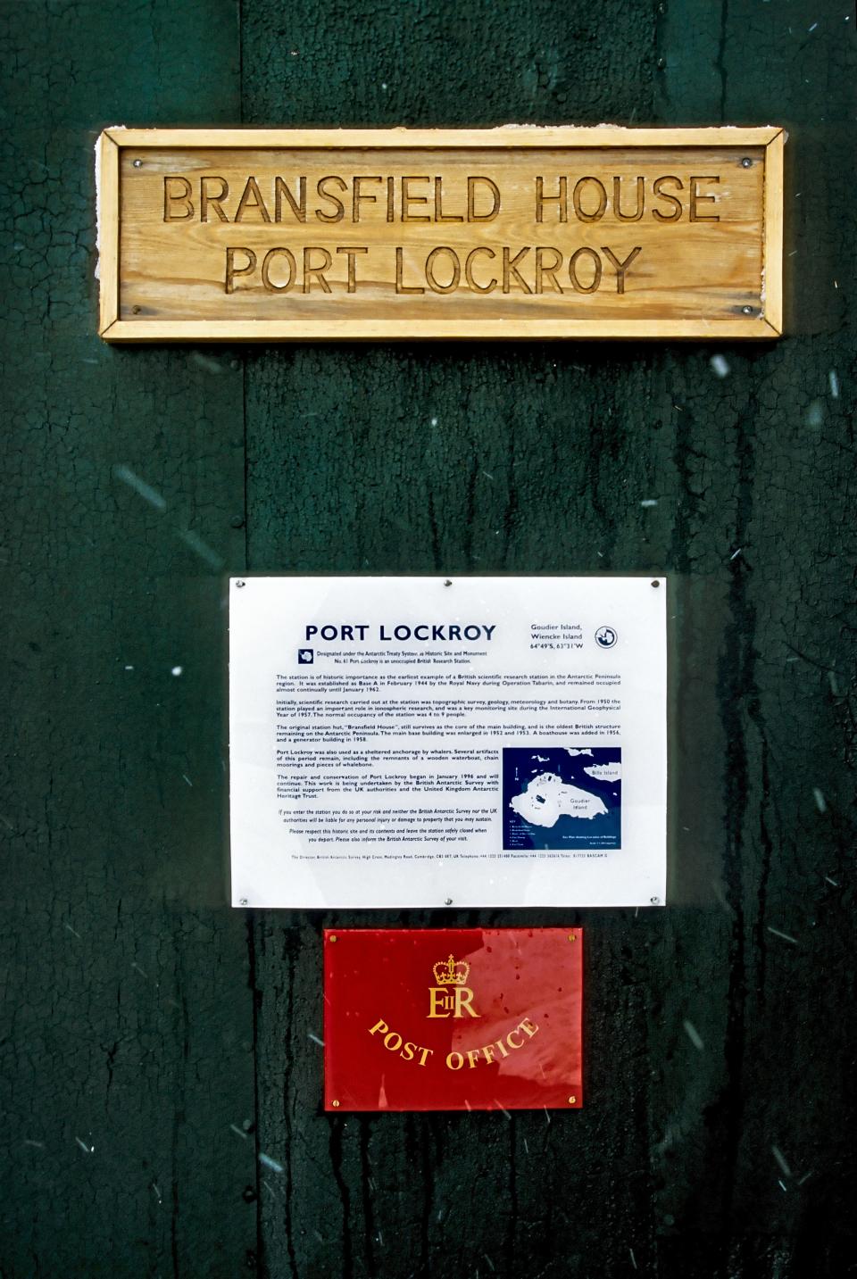 the front door of Bransfield House at the "Penguin Post Office," Port Lockroy on Goudier Island in Antarctica