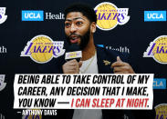 Anthony Davis has <a href="https://sports.yahoo.com/lakers-anthony-davis-doesnt-have-any-more-regrets-i-can-sleep-at-night-knowing-i-took-control-135143182.html" data-ylk="slk:no regrets;elm:context_link;itc:0;sec:content-canvas;outcm:mb_qualified_link;_E:mb_qualified_link;ct:story;" class="link  yahoo-link">no regrets</a> about being traded.