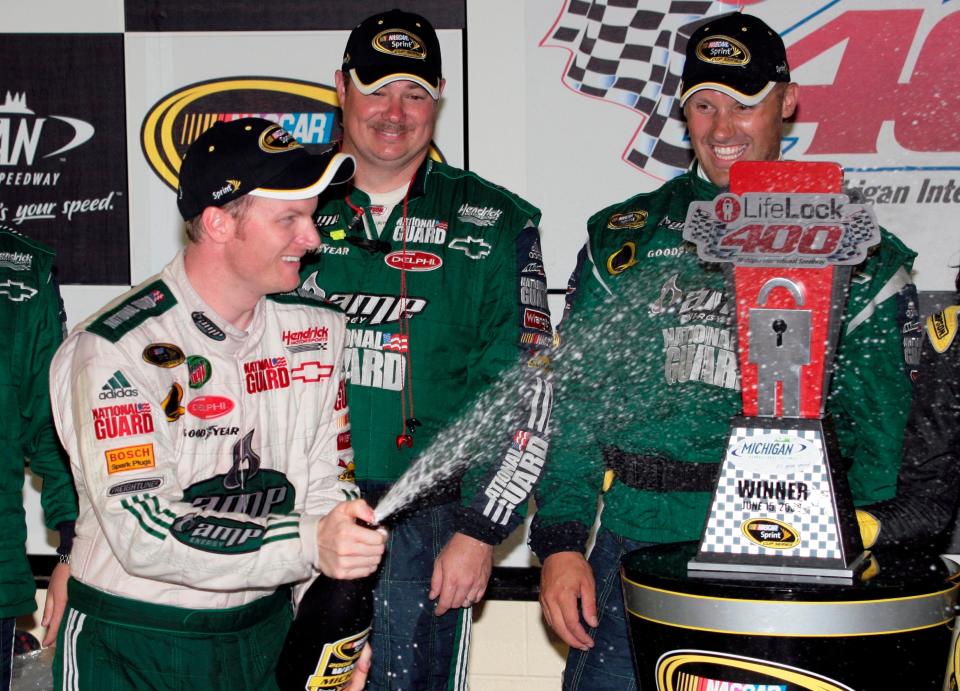 Dale Earnhardt Jr., left, earned his first win as a Hendrick Motorsports driver on June 15, 2008 at Michigan International Speedway.