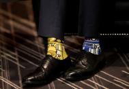 <p>Canadian Prime Minister Justin Trudeau wears Star Wars-themed socks as he meets with his Irish counterpart, Taoiseach Enda Kenny, during Kenny’s visit to Montreal, Quebec, on May 4, 2017. (Photo: Christinne Muschi/Reuters) </p>