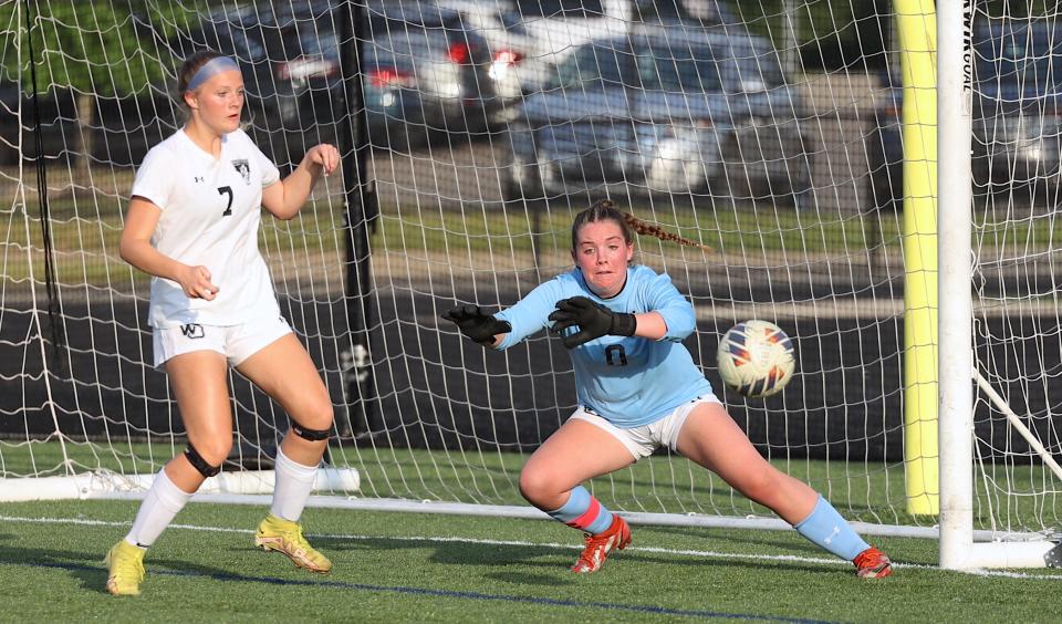 West Ottawa's Rogan McLean makes a save against Hudsonville.