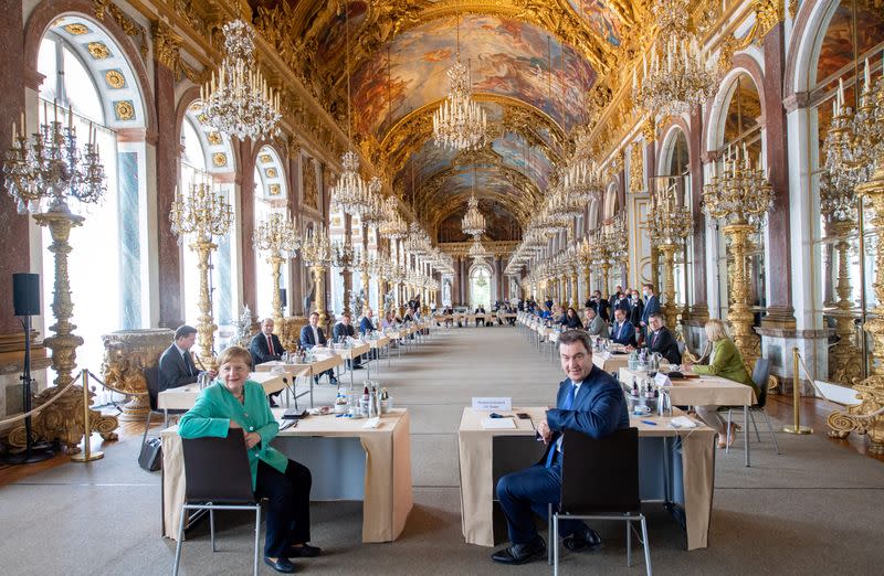 German Chancellor Merkel attends Bavarian cabinet meeting at Herrenchiemsee Island