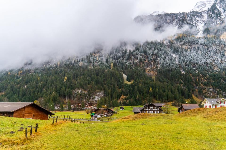 A green, filly field dotted with Swiss houses in front of a mountain of snow-topped trees and low clouds on the left