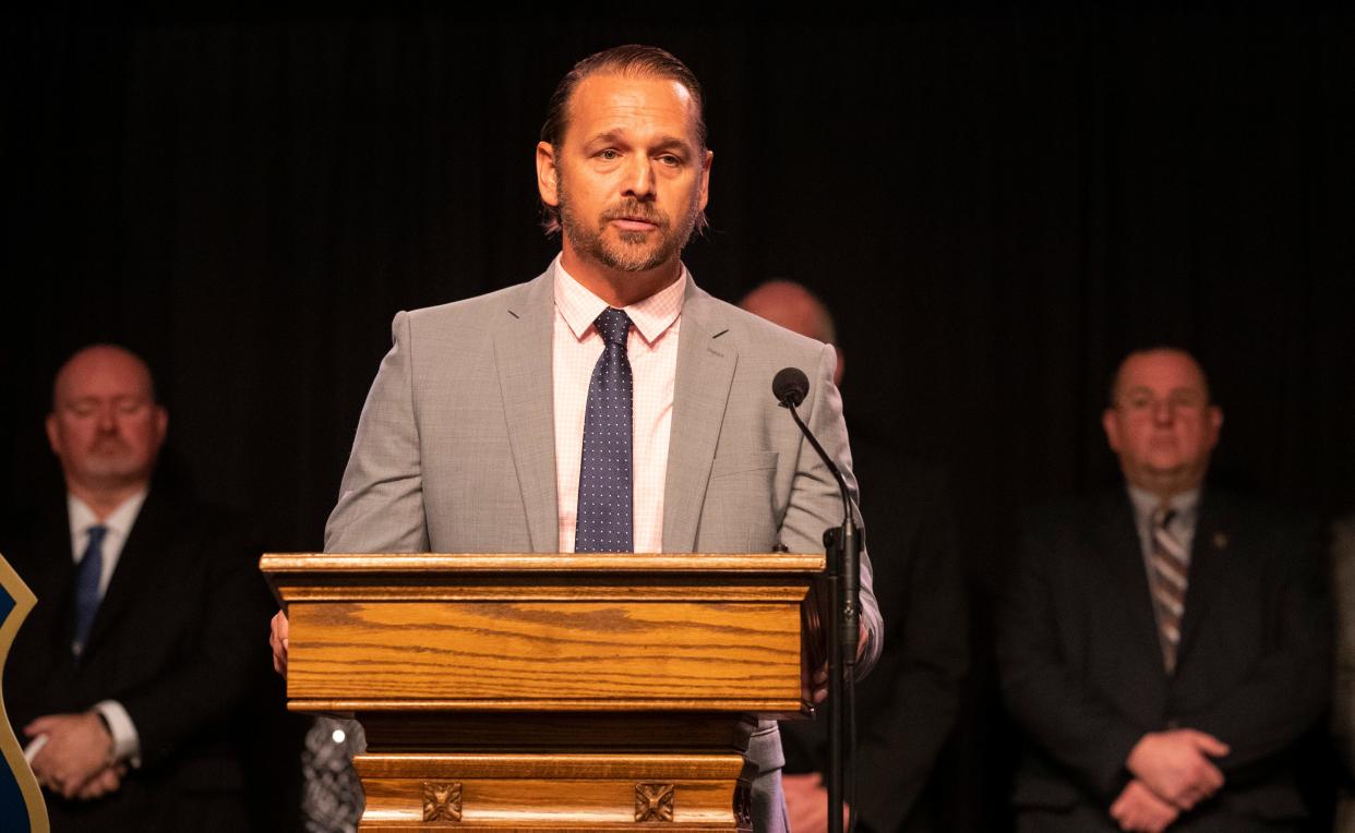 Carroll County Prosecutor Nick McLeland speaks during a press conference addressing updates regarding the investigation of the murders of Abby Williams and Libby German, Monday, Monday, Oct. 31, 2022, at Delphi United Methodist Church in Delphi, Ind. 