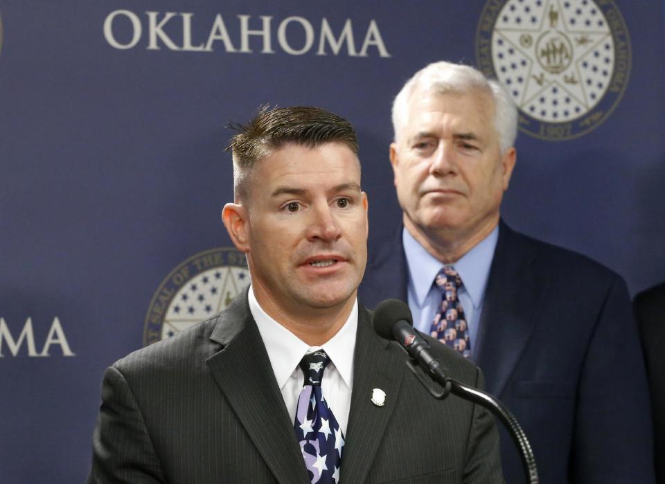 FILE - In this Friday, April 12, 2013 file photo, Oklahoma state Rep. John Bennett, R-Salisaw, speaks during a news conference in Oklahoma City. Bennett, who once likened Islam to a cancer, has handed out a form asking Muslims to answer questions that include, "Do you beat your wife?" (AP Photo/Sue Ogrocki, File)