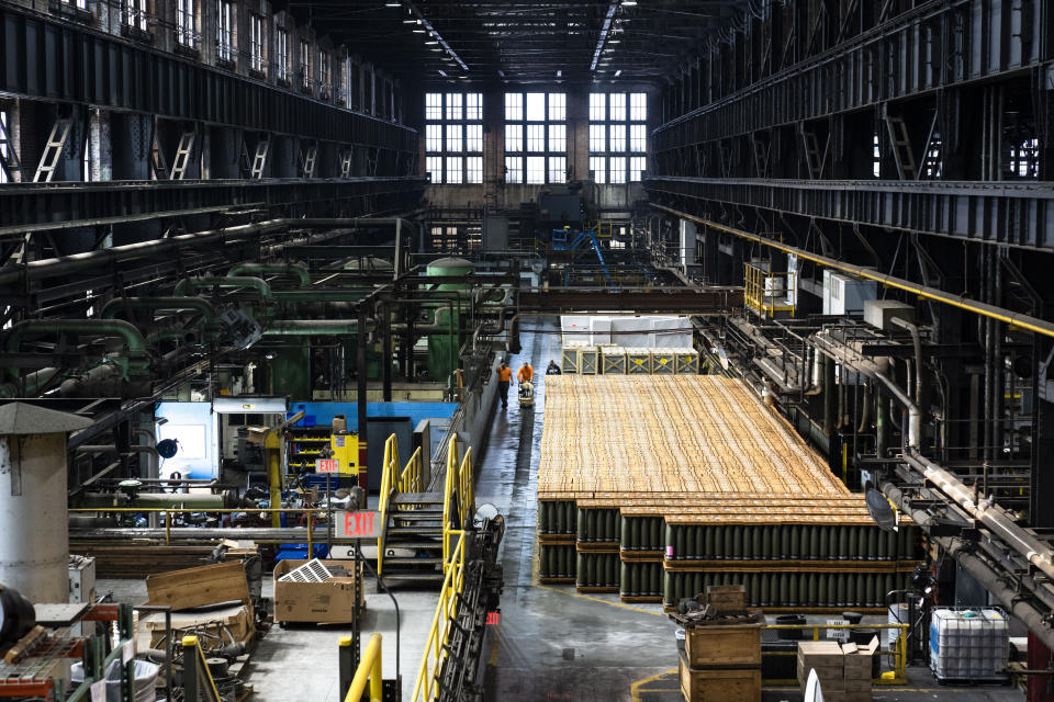 155 mm M795 artillery projectiles are stored for shipping to other facilities to complete the manufacturing process at the Scranton Army Ammunition Plant in Scranton, Pa., Thursday, April 13, 2023. One of the most important munitions of the Ukraine war comes from a historic factory in this city built by coal barons, where tons of steel rods are brought in by train to be forged into the artillery shells Kyiv can’t get enough of — and that the U.S. can’t produce fast enough. (AP Photo/Matt Rourke)