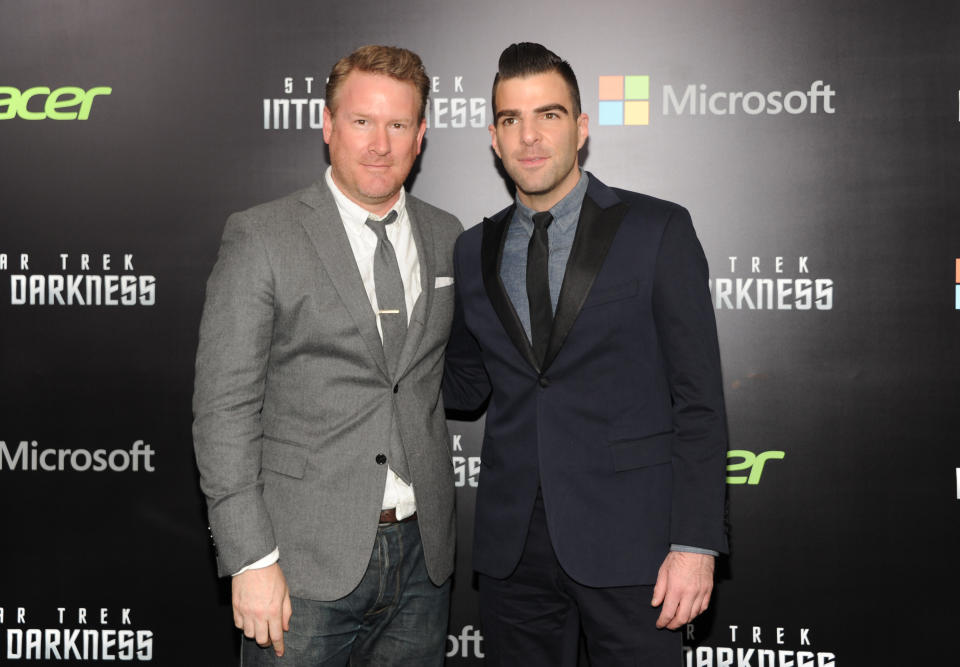 FILE - This May 9, 2013 file photo shows fashion designer Todd Snyder, left, and actor Zachary Quinto at the "Star Trek Into Darkness" premiere at AMC Loews Lincoln Square in New York. Quinto wore a Todd Snyder tuxedo and chambray shirt. Todd Snyder launched in 2011. (Photo by Evan Agostini/Invision/AP, file)