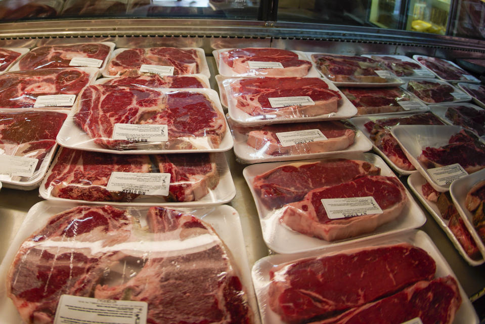 In this photo made on Thursday, June 16, 2022, rows of fresh cut beef is in the coolers of the retail section at the Wight's Meat Packing facility in Fombell, Pa. The U.S. economy shrank at a 1.6% annual pace in the first three months of the year even though consumers and businesses kept spending at a healthy pace, the government reported Wednesday, June 29, in a slight downgrade from its previous estimate for January-March quarter. (AP Photo/Keith Srakocic)