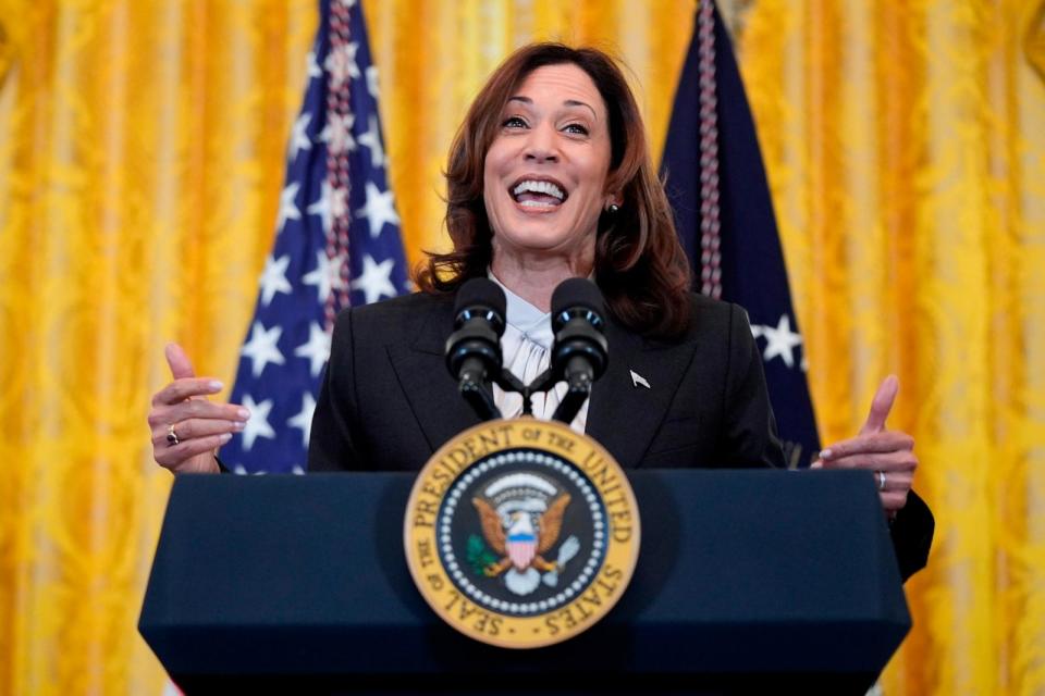 PHOTO: Vice President Kamala Harris speaks during a Women's History Month reception in the East Room of the White House, March 18, 2024, in Washington. (Evan Vucci/AP)