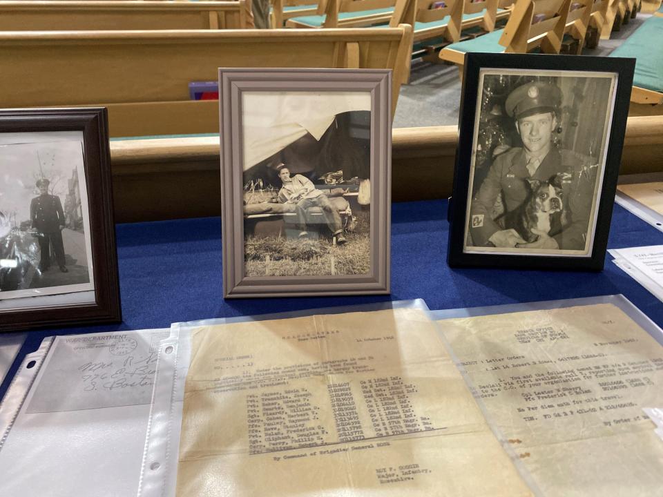 Photos of the late Frederick Nolan, a Merrill's Marauder and World War II veteran from Corpus Christi, are displayed during a ceremony where his family was presented with a Congressional Gold Medal for his service on Friday, Nov. 25, 2022.