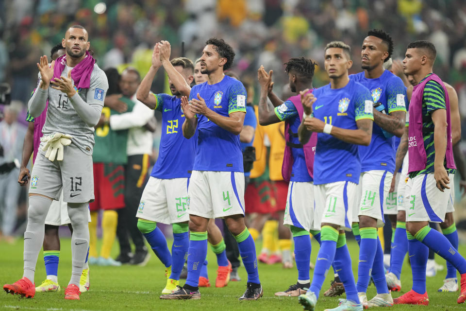 LUSAIL CITY, QATAR - DECEMBER 02: Players of Brazil after the FIFA World Cup Qatar 2022 Group G match between Cameroon and Brazil at Lusail Stadium on December 2, 2022 in Lusail City, Qatar. (Photo by Manuel Reino Berengui/DeFodi Images via Getty Images)