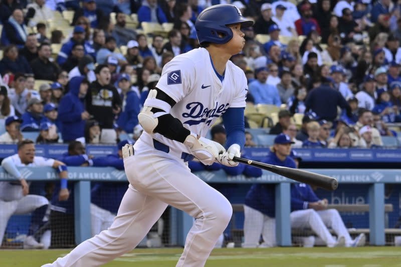 Los Angeles Dodgers designated hitter Shohei Ohtani hit two home runs in a win over the Atlanta Braves on Sunday in Los Angeles. File Photo by Jim Ruymen/UPI