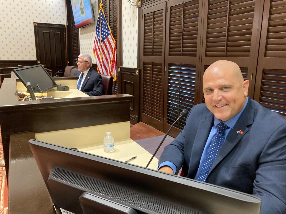 Independent sheriff's candidate Pat Garrett, right, poses Tuesday (June 28, 2022) before the start of a candidate forum with Sheriff Mike Fitzhugh, the Republican nominee, left. Both answered questions from the League of Women Voters of Murfreesboro/Rutherford County at the Rutherford County Courthouse.