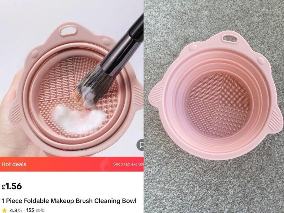 Side by side pictures of a pink silicone dish