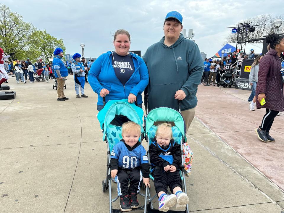 Elizabeth and Bill Wilson with their children William and Charlotte at the third and final day of the NFL draft in Detroit Saturday, April 27, 2024.