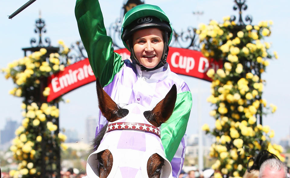 Michelle Payne, pictured here after winning the Melbourne Cup in 2015.