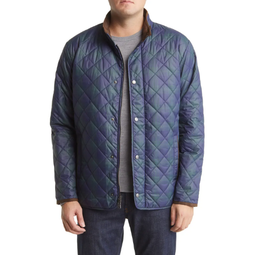 man wearing dark blue and green quilted coat against white background