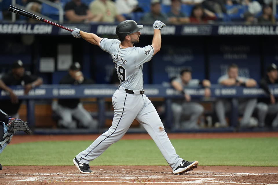 Chicago White Sox's Paul DeJong watches his two-run home run off Tampa Bay Rays starting pitcher Aaron Civale during the fifth inning of a baseball game Wednesday, May 8, 2024, in St. Petersburg, Fla. (AP Photo/Chris O'Meara)