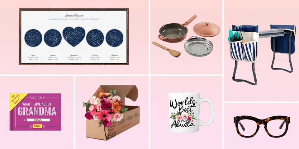 custom wall art, our place pan, gardening stool, glasses, world&#39;s best abuela mug, bloomsy flower subscription, what i love about grandma book